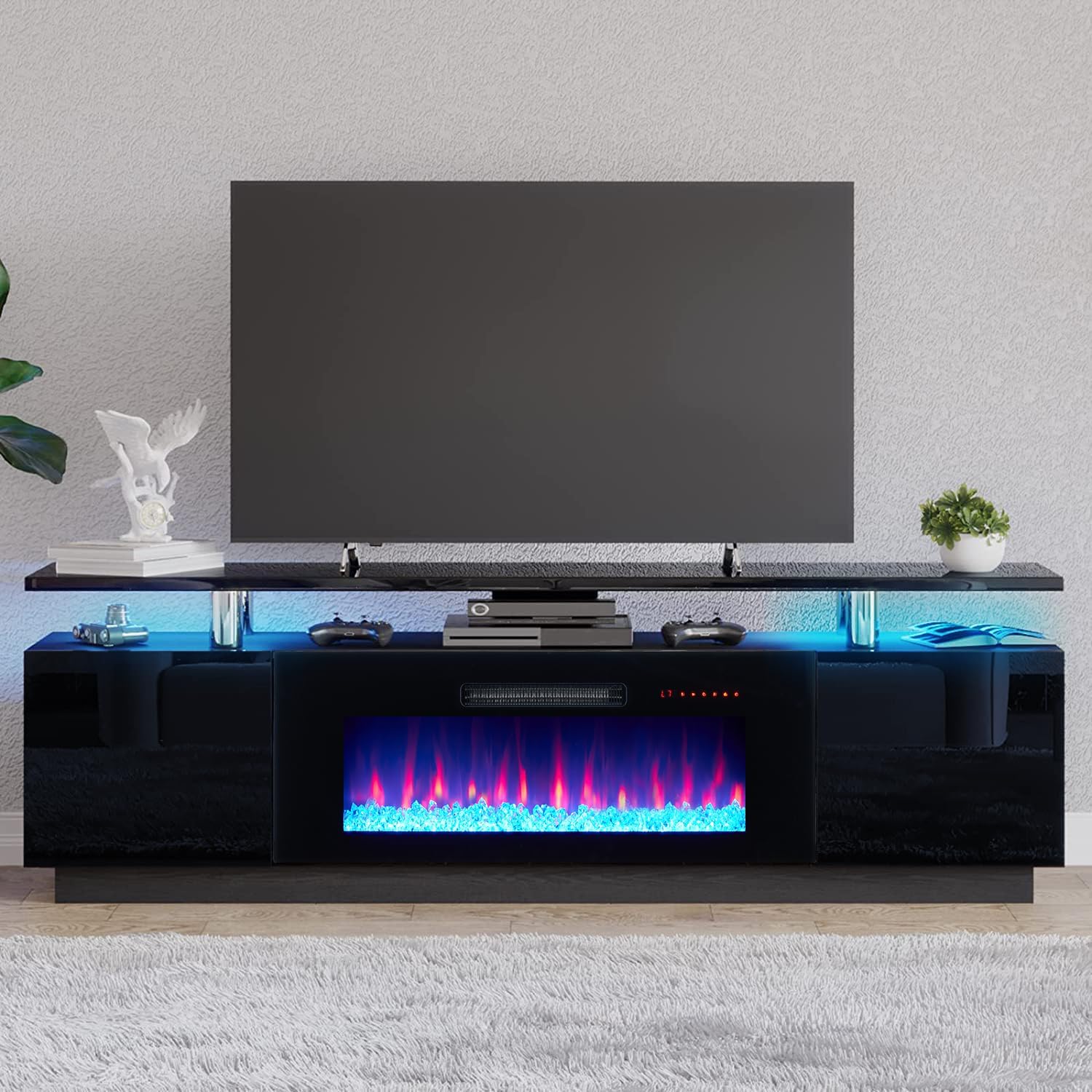 AMERLIFE 70 High Gloss Fireplace TV Stand LED Lights