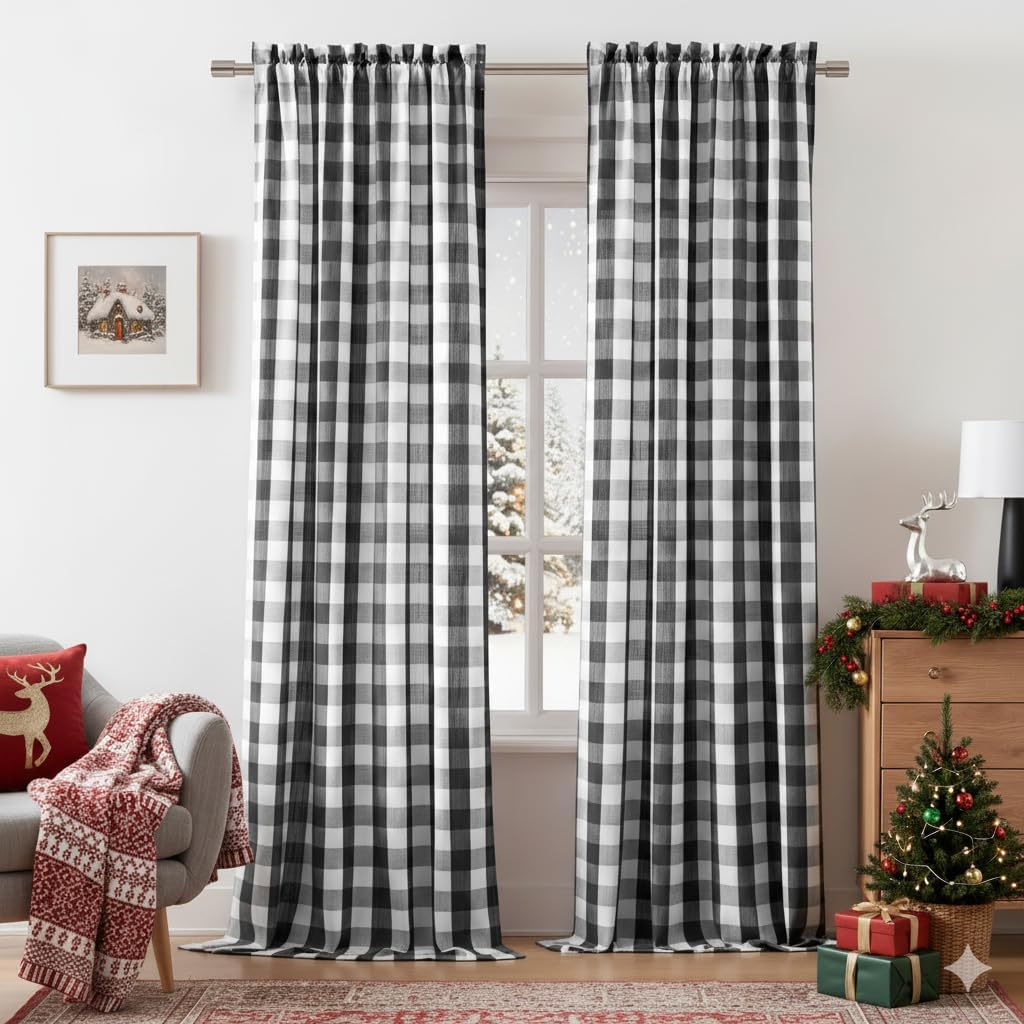 90 Inch Black White Gingham Curtain Panels for Rustic Decor