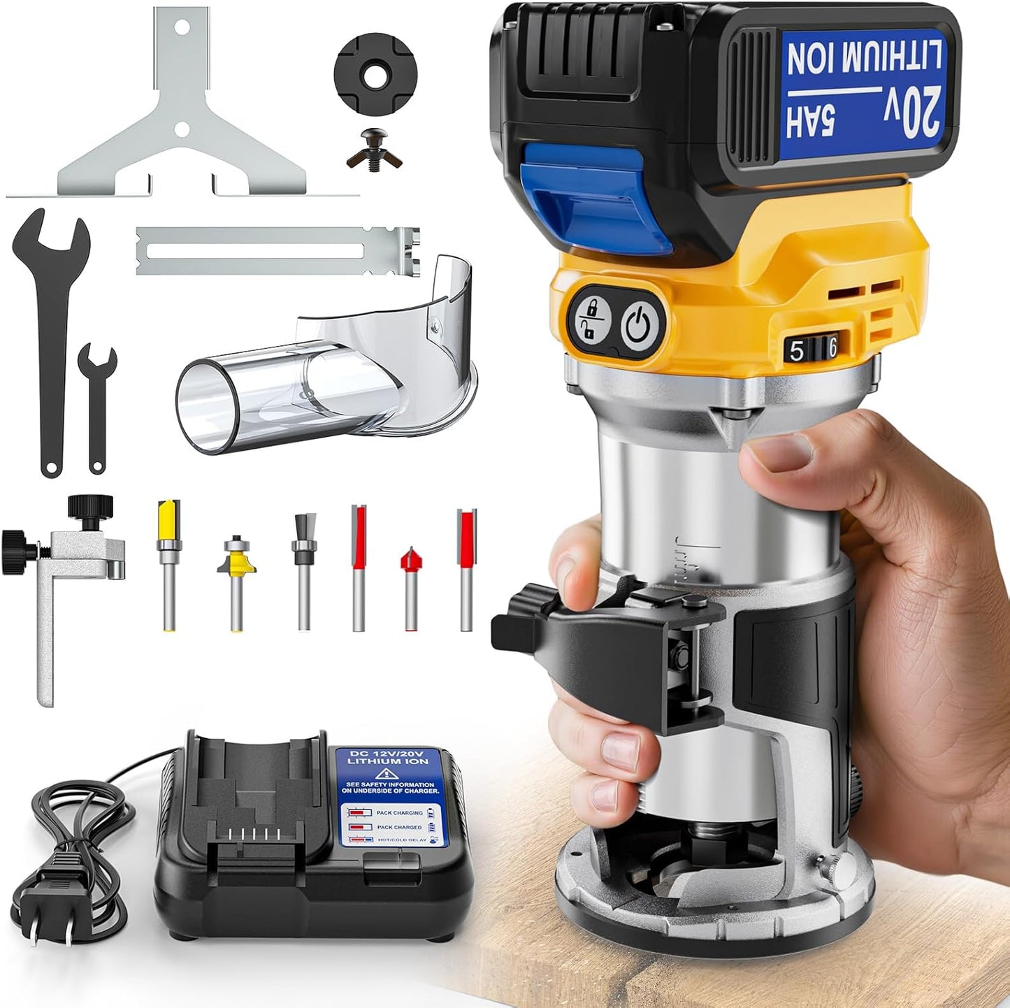 Cordless Compact Router with 5Ah Battery and 6 Router Bits