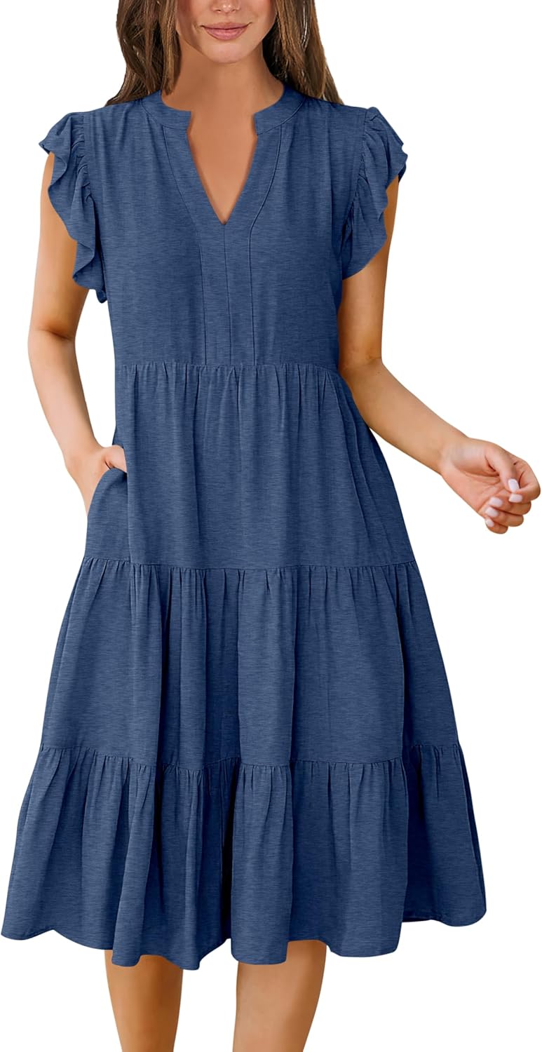 Womens Summer Dress Ruffle Sleeve V Neck Midi Casual Sundress
