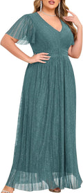 Plus Size Maxi Formal Dress Sparkly V-Neck A-line Ruffle Sleeves ZOMVA