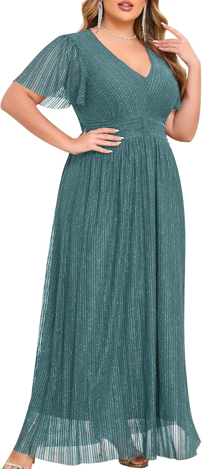 Plus Size Maxi Formal Dress with Sparkly V-Neck and Ruffles
