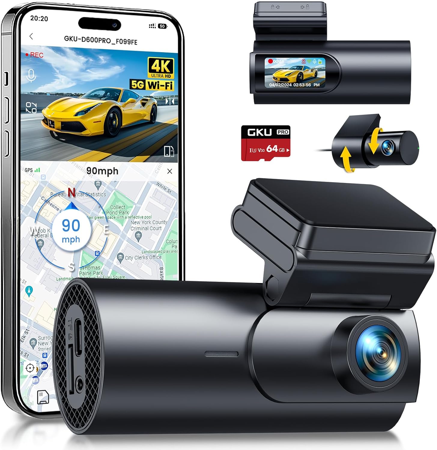 4K+1080P Dual Dash Cam, WiFi, GPS, 64G SD, 1.47 Display, Super Night Vision