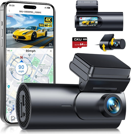 4K+1080P Dual Dash Cam, WiFi, GPS, 64G SD, 1.47 Display, Super Night Vision