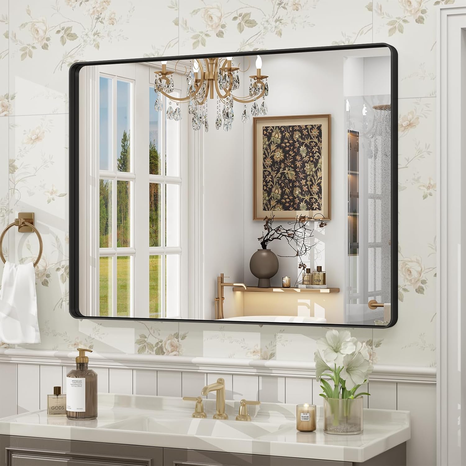 40x30 Inch Black Framed Bathroom Mirror for Elegant Spaces