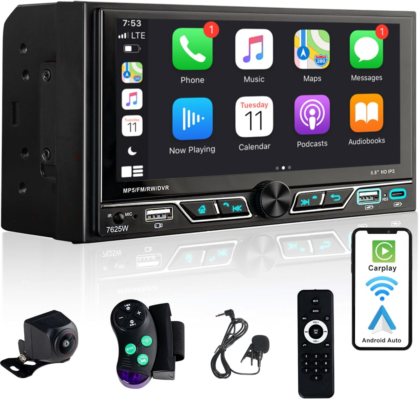 Double Din Car Stereo with Wireless Apple CarPlay & Android Auto