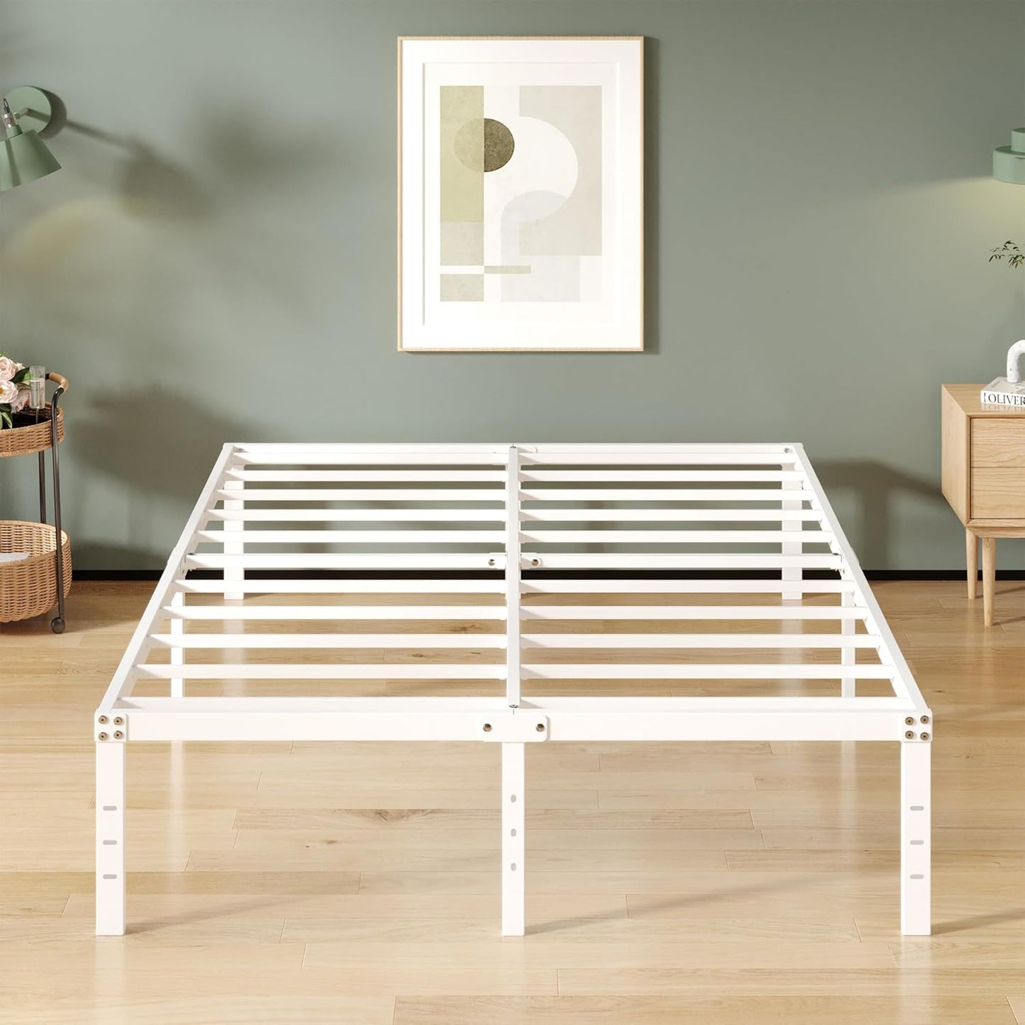 16 Inch White Queen Bed Frame with High Storage and Support