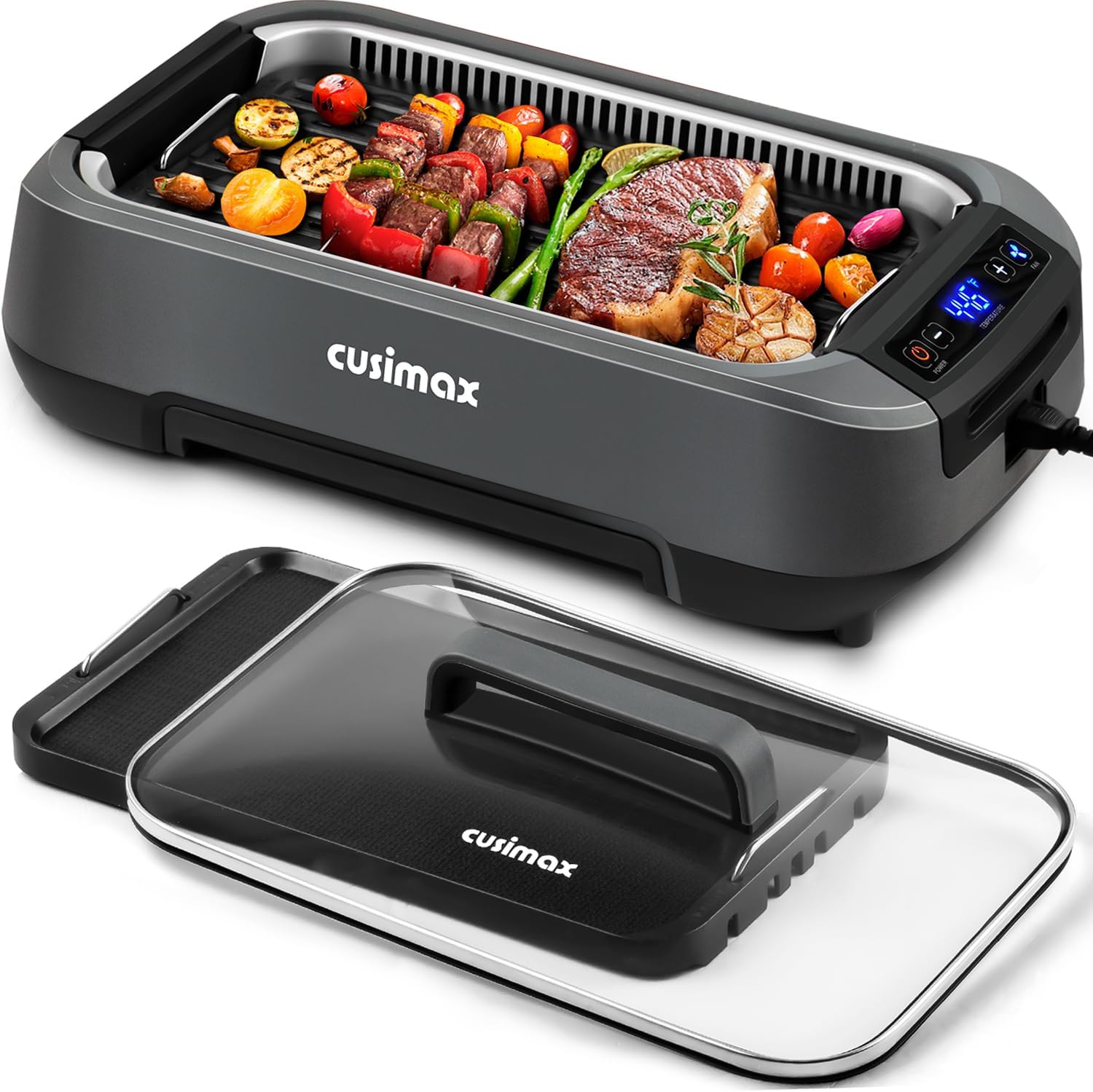 CUSIMAX Smokeless Grill: Indoor BBQ with LED Display & Glass Lid