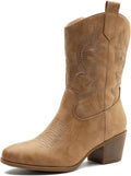 GLOBALWIN Women's Mid Calf Western Cowgirl Boots - Chunky Low Heel Up