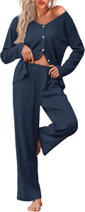 Ekouaer Womens Waffle Knit Pajama Set - Soft Two-Piece Loungewear