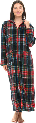 Long Zip Up Robes for Women - Plus Size Plush Tartan Blue