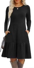 Womens Long Sleeve Fall Knit Sweater Dress with Pockets - Flowy Knee