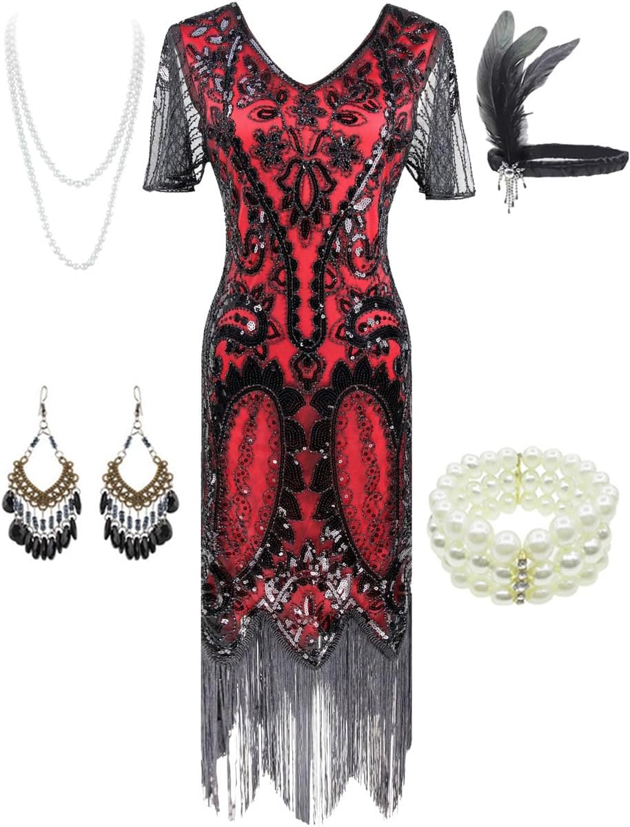 Women's 1920s Gatsby Inspired Sequin Beads Flapper Dress Set