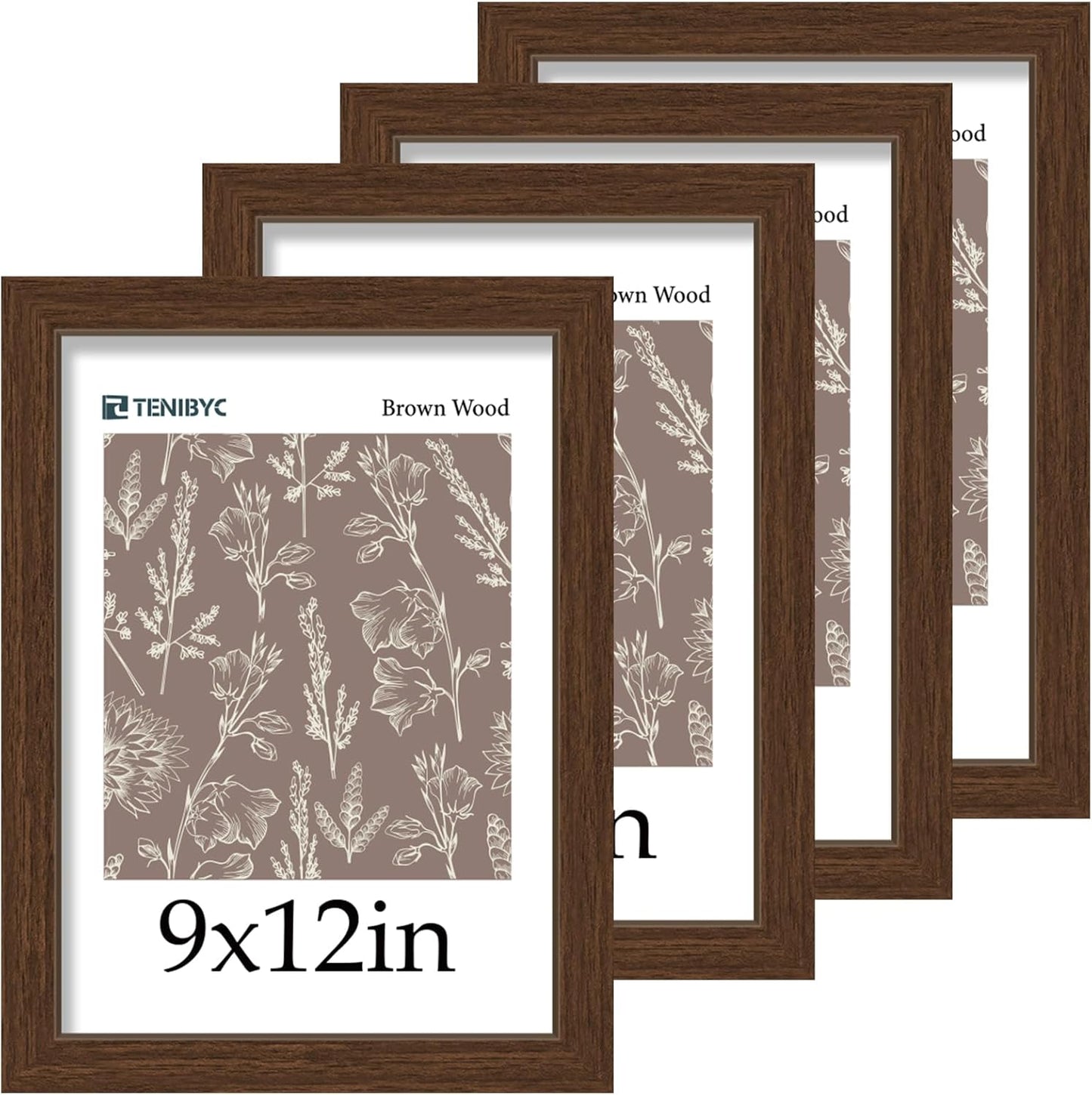 9x12 Picture Frame 4 Pack - Elegant Brown Woodgrain Design