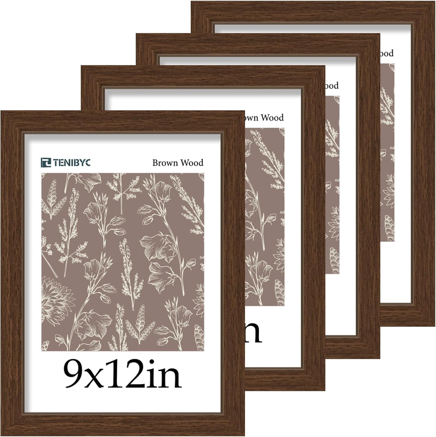 9x12 Picture Frame 4 Pack - Elegant Brown Woodgrain Design