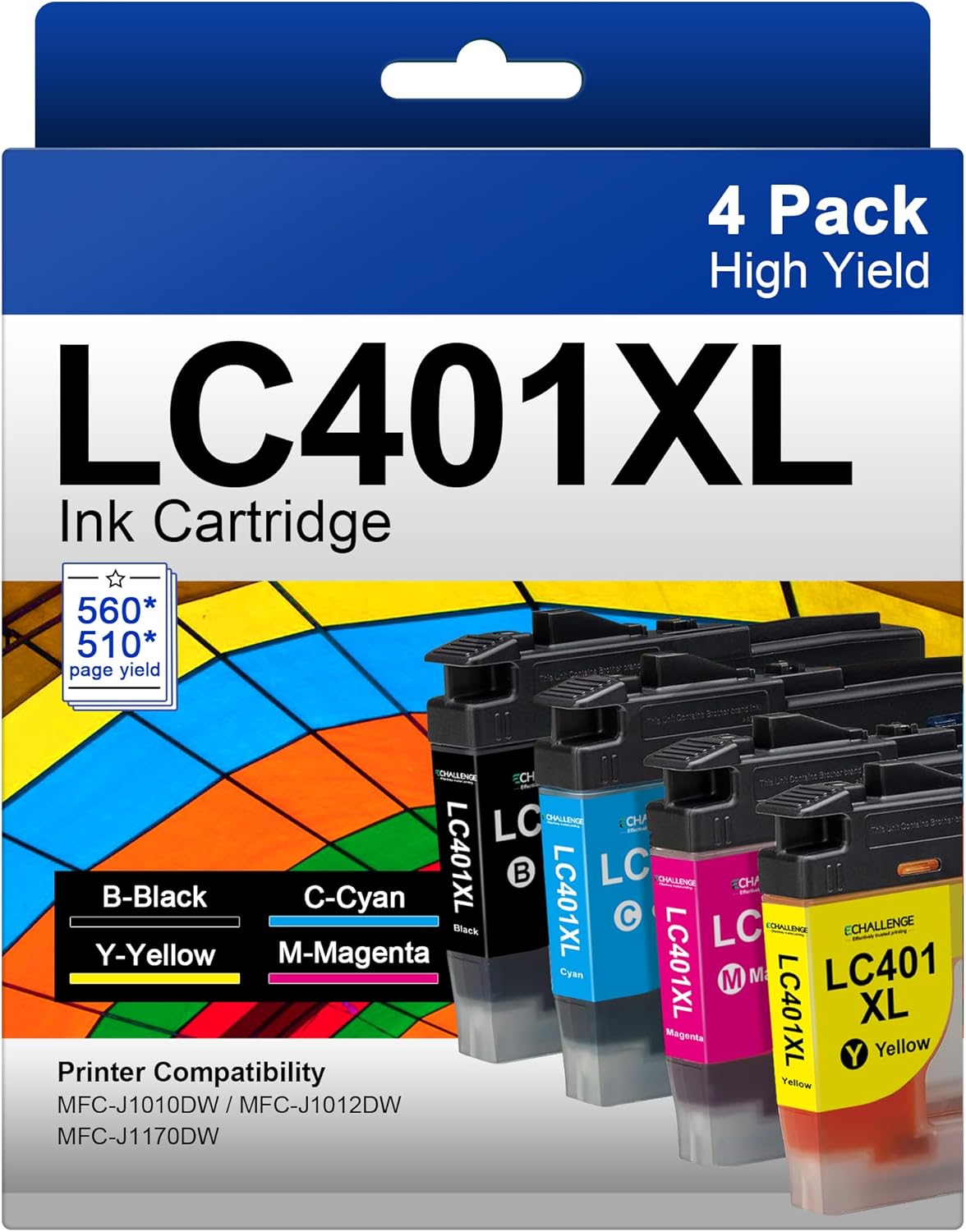 High Yield LC401 XL Ink Cartridges for Brother Printers - 4 Pack