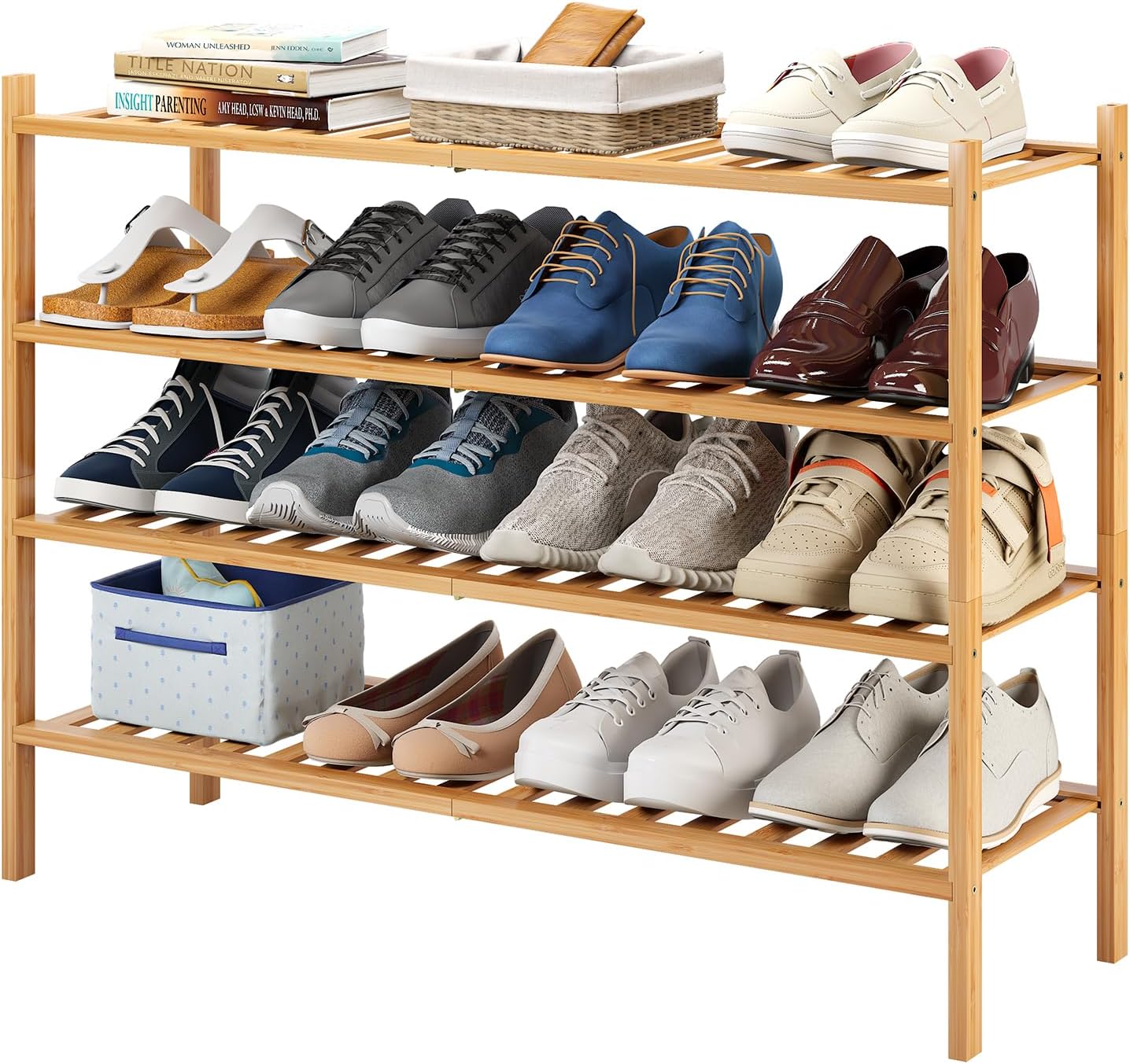 Long Shoe Rack 4-Tier Bamboo Stackable Storage Organizer for Shoes