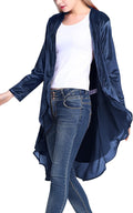 Women's Long Sleeve Velvet Cardigan Coat with Asymmetric Hem - Draped