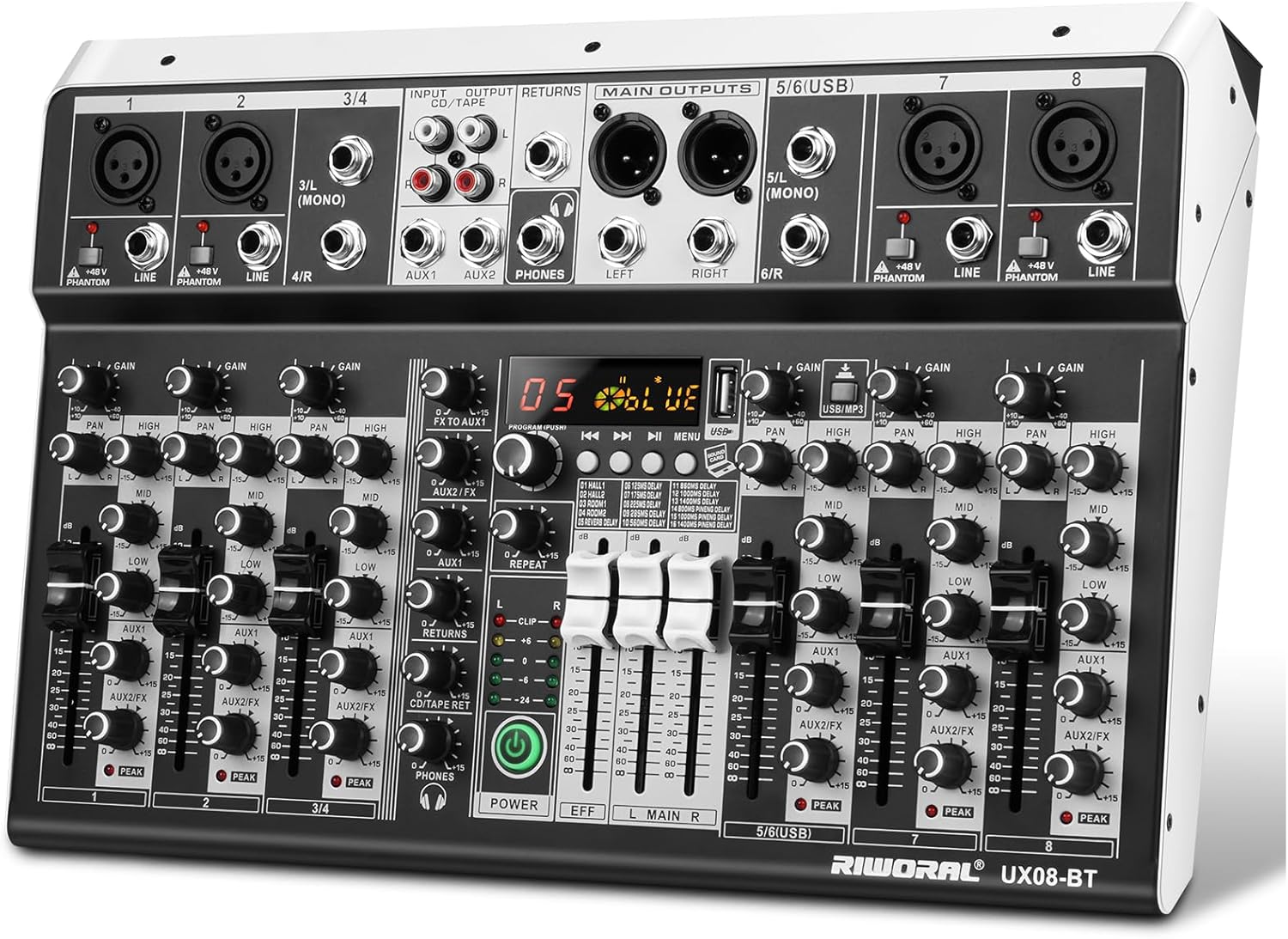 8 Channel Audio Mixer with Bluetooth and DSP Effects for DJs