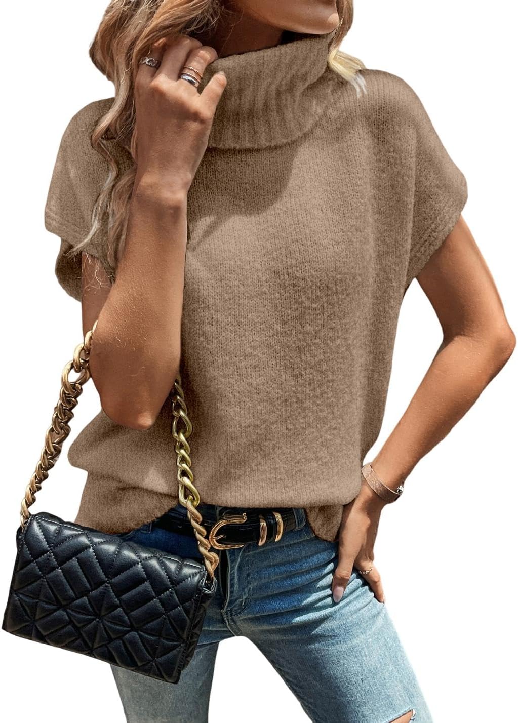 WDIRARA Women's Turtleneck Cap Sleeve Sweater Vest Pullover