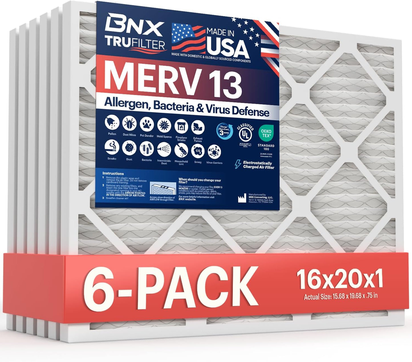 BNX TruFilter 16x20x1 MERV 13 Air Filter for Allergies & More