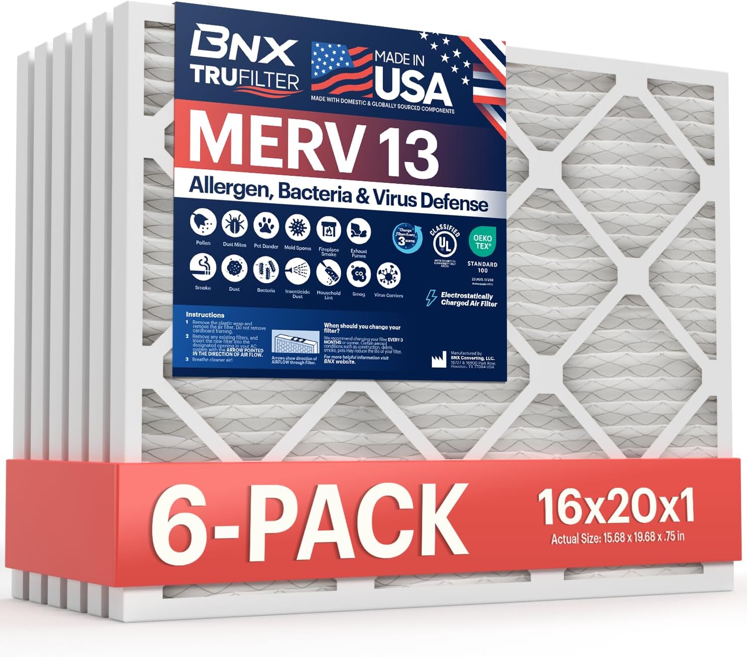 BNX TruFilter 16x20x1 MERV 13 Air Filter for Allergies & More