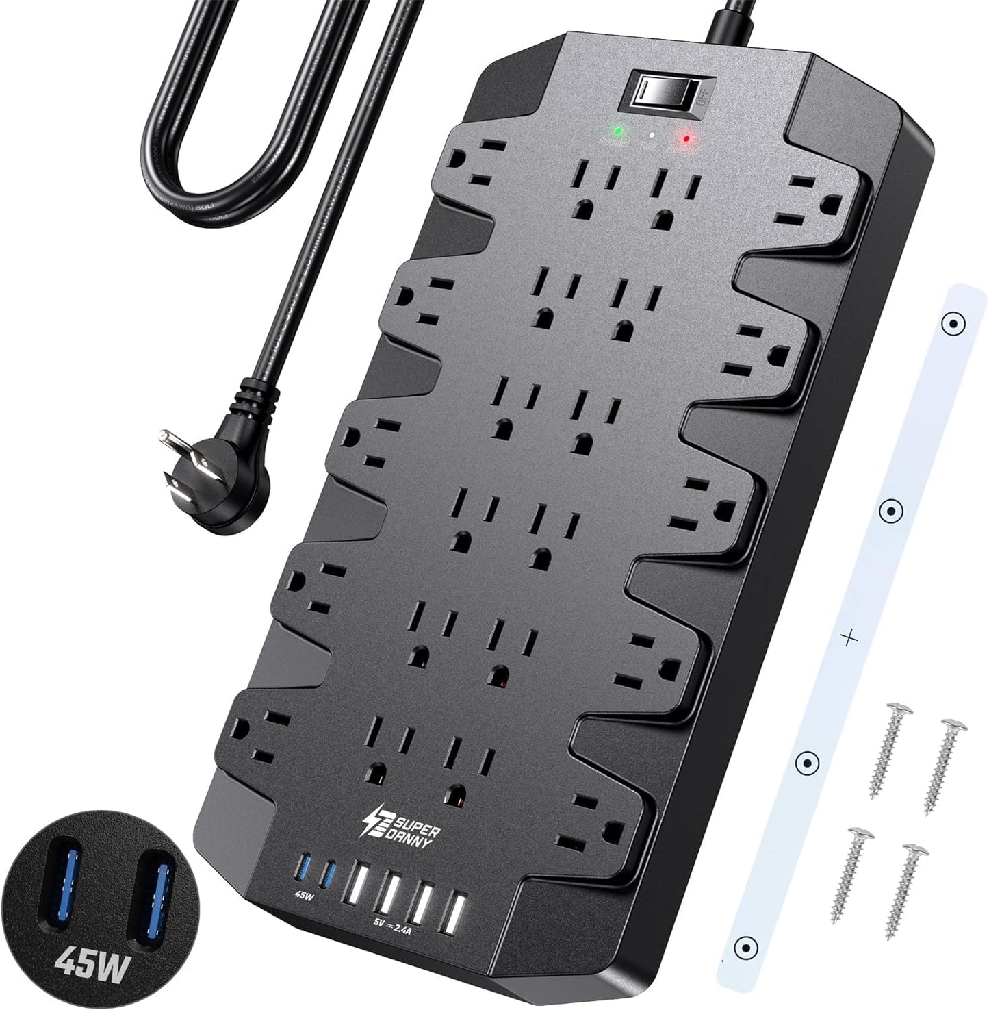 PD 45W Fast Charging Power Strip Surge Protector with 22 Outlets