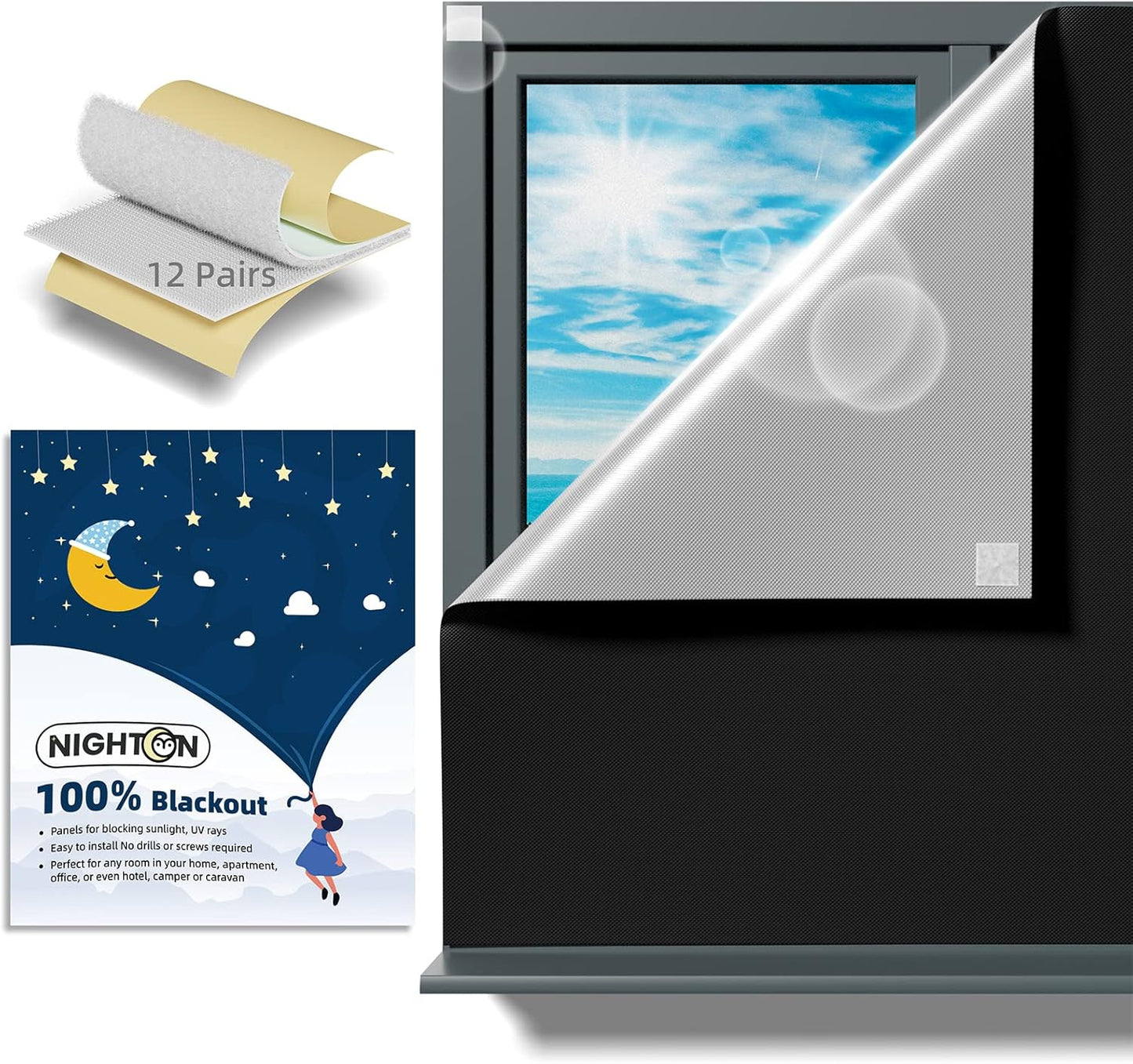 NIGHTON Portable Blackout Curtains - 100% Blackout, Cuttable, Strong Adhesive - Perfect for Baby Nursery