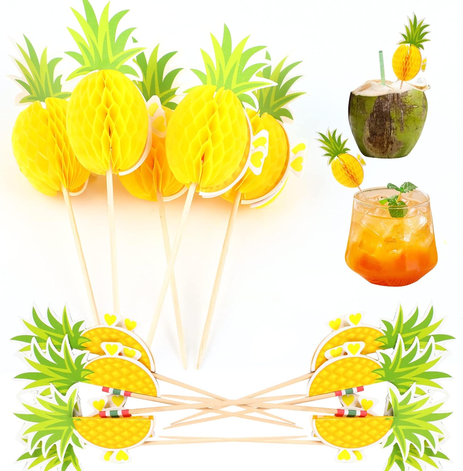 50pcs Tropical Pineapple Cocktail Umbrella Toppers