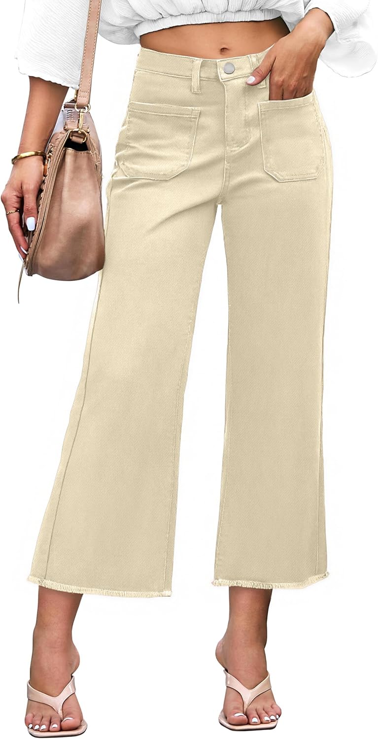 Denim Women Cropped Trousers High Rise Stretchy Pants with Pockets