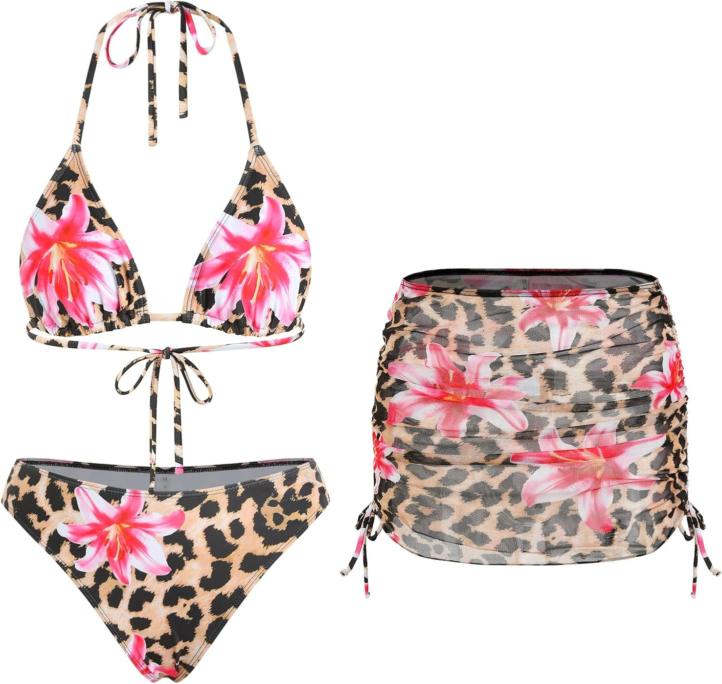ZAFUL Womens 3pcs Swimsuit Floral Halter Triangle Bikini Set
