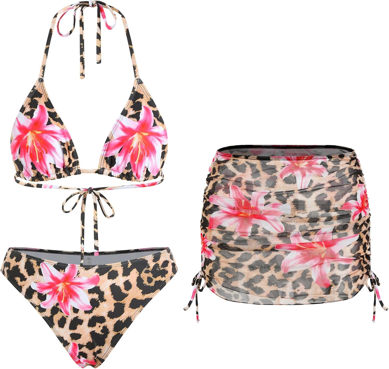 ZAFUL Womens 3pcs Swimsuit Floral Halter Triangle Bikini Set