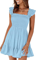 Womens Smocked Square Neck Short Sundress - Flowy Summer Dress