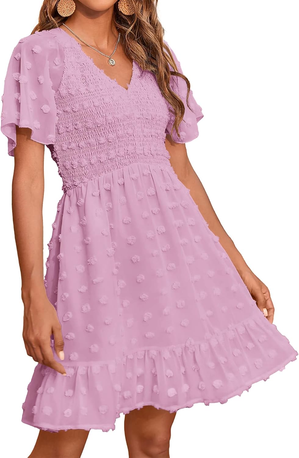 Womens Beach Vacation Dress with V Neck and Ruffle Design
