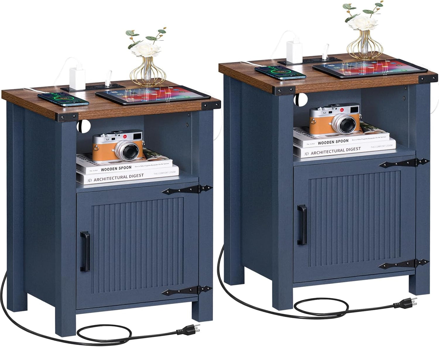 Farmhouse Night Stand Set of 2 with Charging Station and USB Port