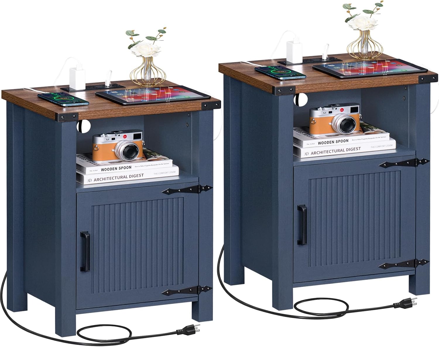 Farmhouse Night Stand Set of 2 with Charging Station and USB Port