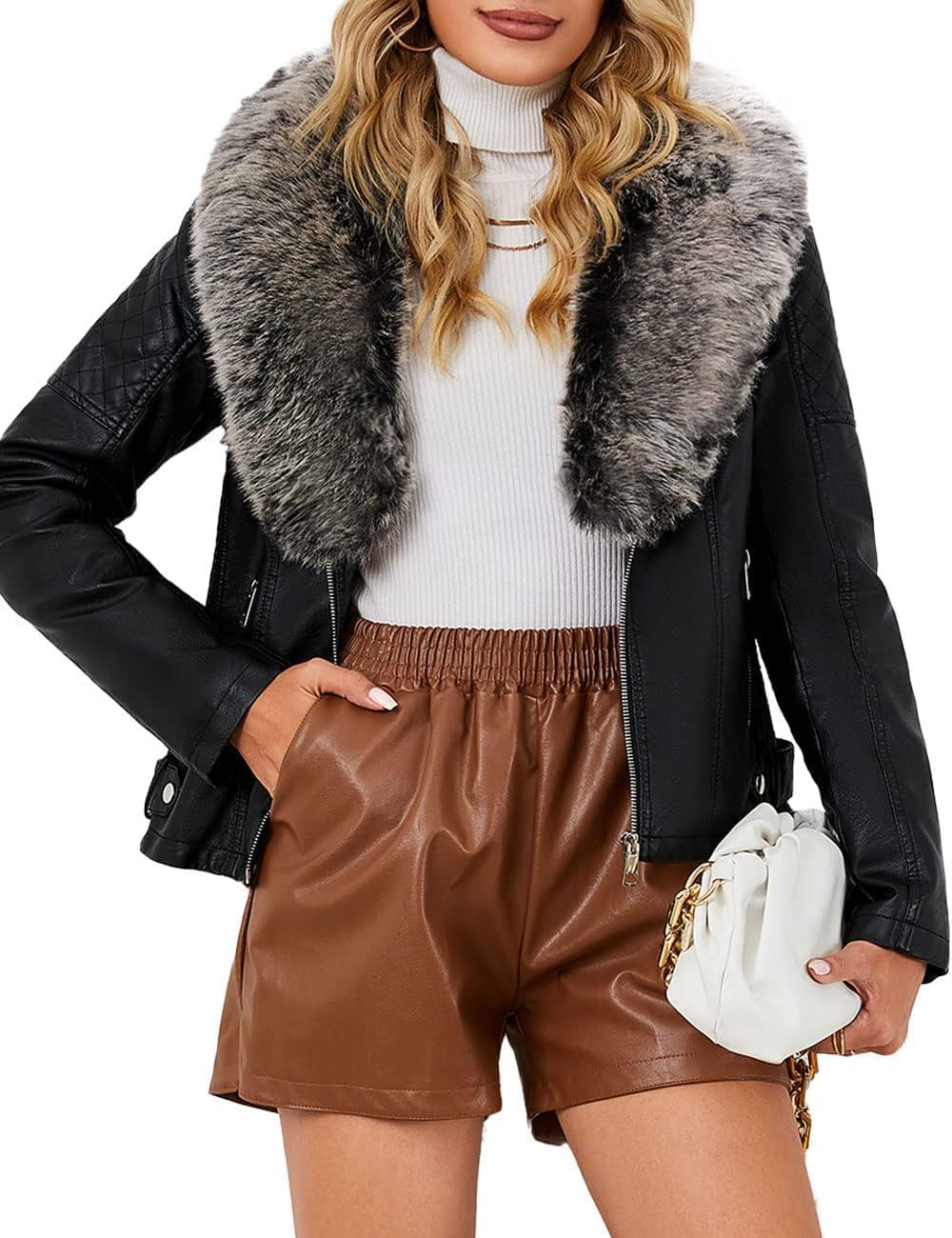 Stylish Faux Leather Jacket with Removable Fur Collar for Women