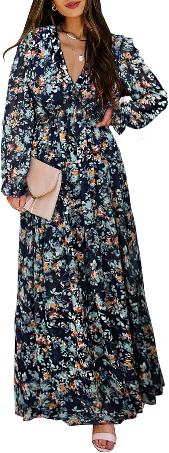 BLENCOT Womens Casual Boho Deep V Neck Short Sleeve Dress