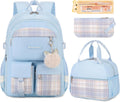Student Backpack for Women and Girls 16in Laptop Plaid Blue - 3PCS Set