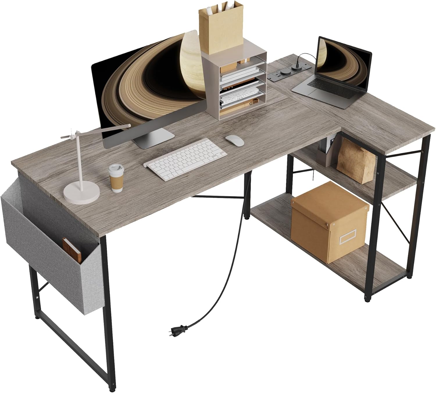 L Shaped Computer Desk with Power Outlets for Home Office