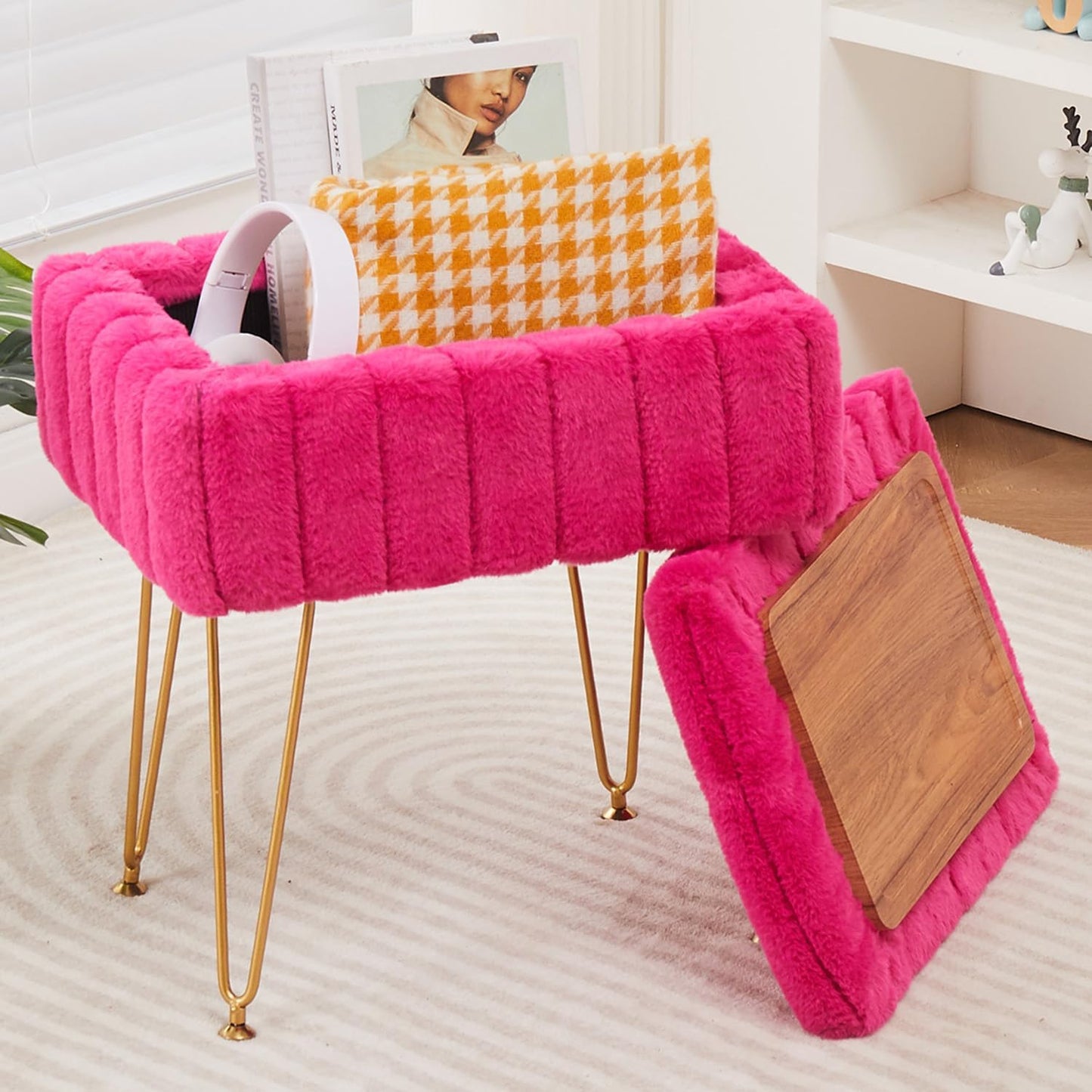 Faux Mink Fur Storage Ottoman for Modern Living Spaces