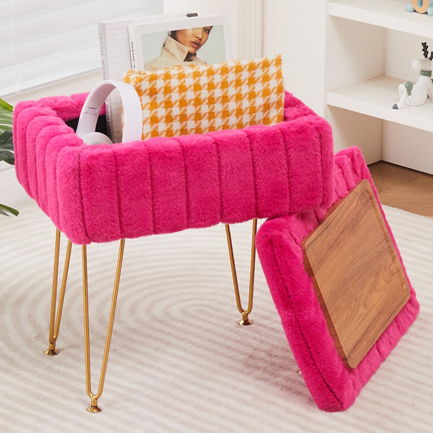 Faux Mink Fur Storage Ottoman for Modern Living Spaces