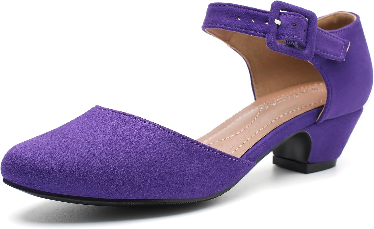 Enelauge Women's Ankle Strap Closed Toe Low Chunky Heel Pumps
