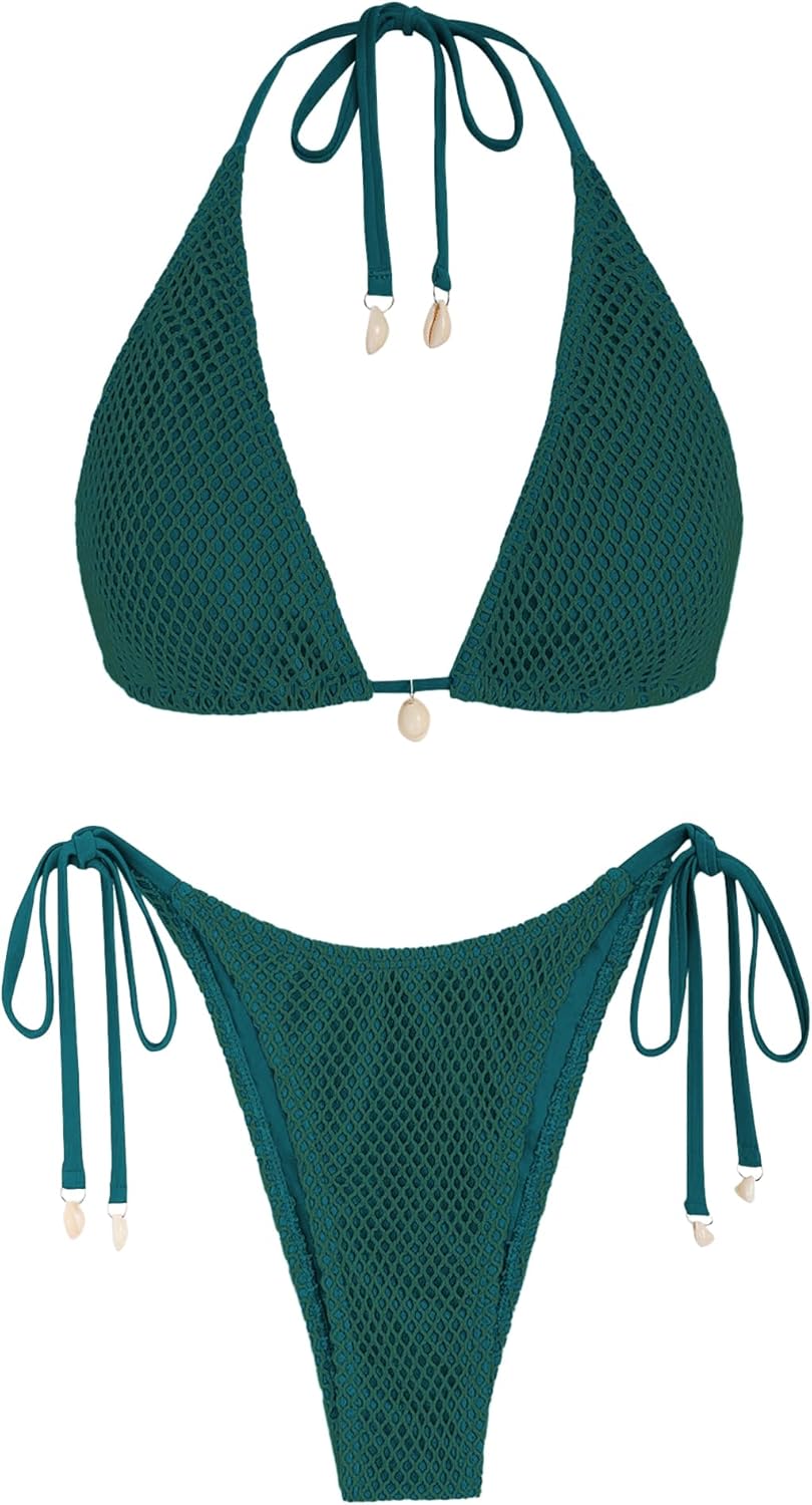 ZAFUL Women's Triangle Bikini Multiway Fishnet Tie Side Set
