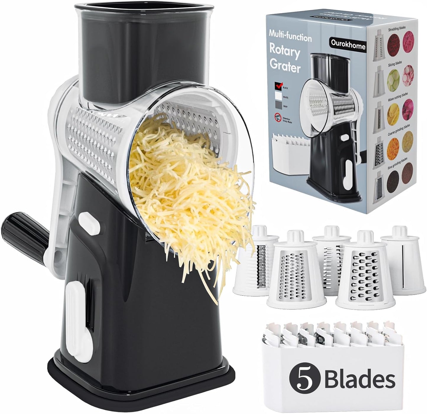 Ourokhome Cheese Grater with 5 Blades and Strong Suction Base