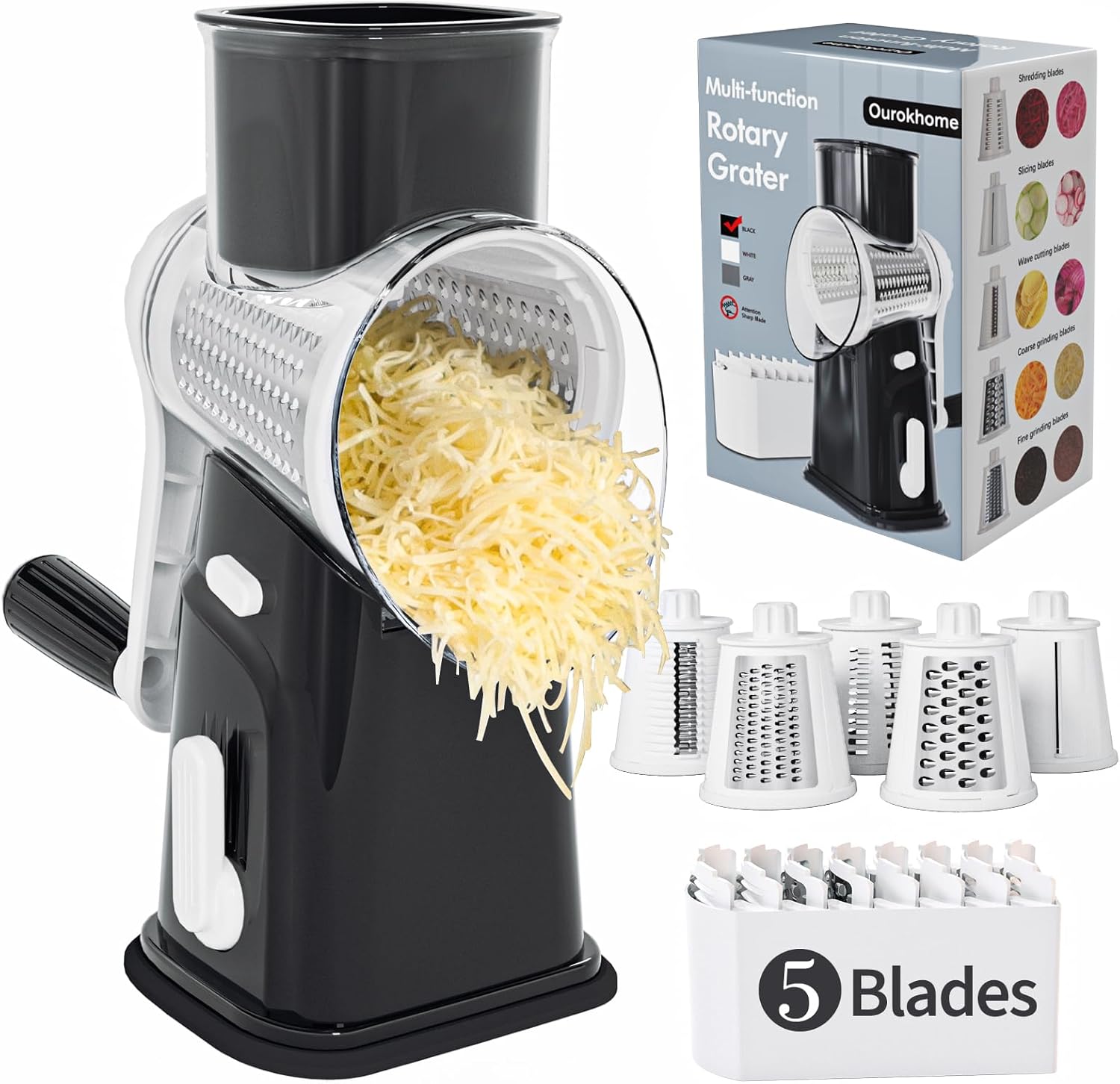 Ourokhome Cheese Grater with 5 Blades and Strong Suction Base