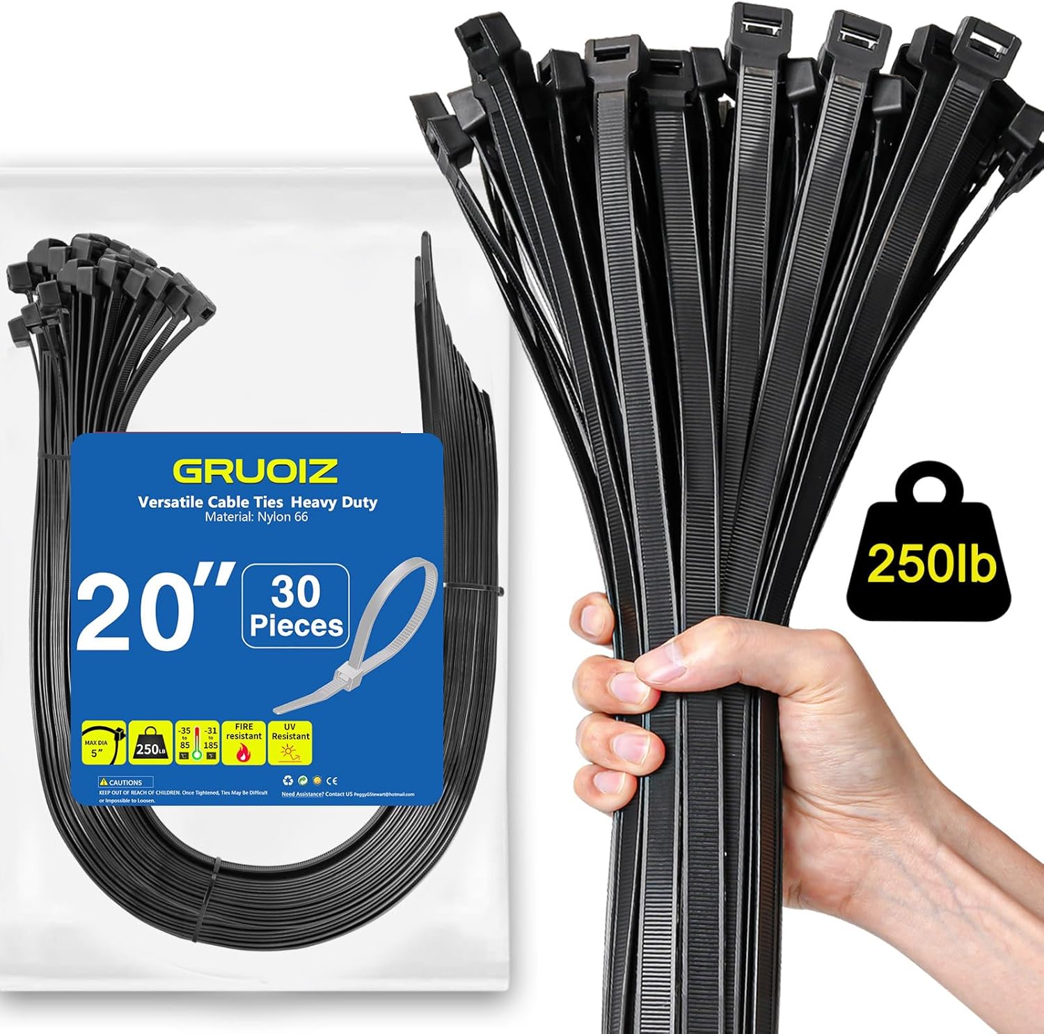Premium 20 Black Zip Ties, 250lbs Strength, 30-Pack Durable Self-Locking Cable Ties by GRUOIZ