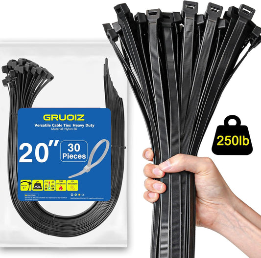Premium 20 Black Zip Ties, 250lbs Strength, 30-Pack Durable Self-Locking Cable Ties by GRUOIZ