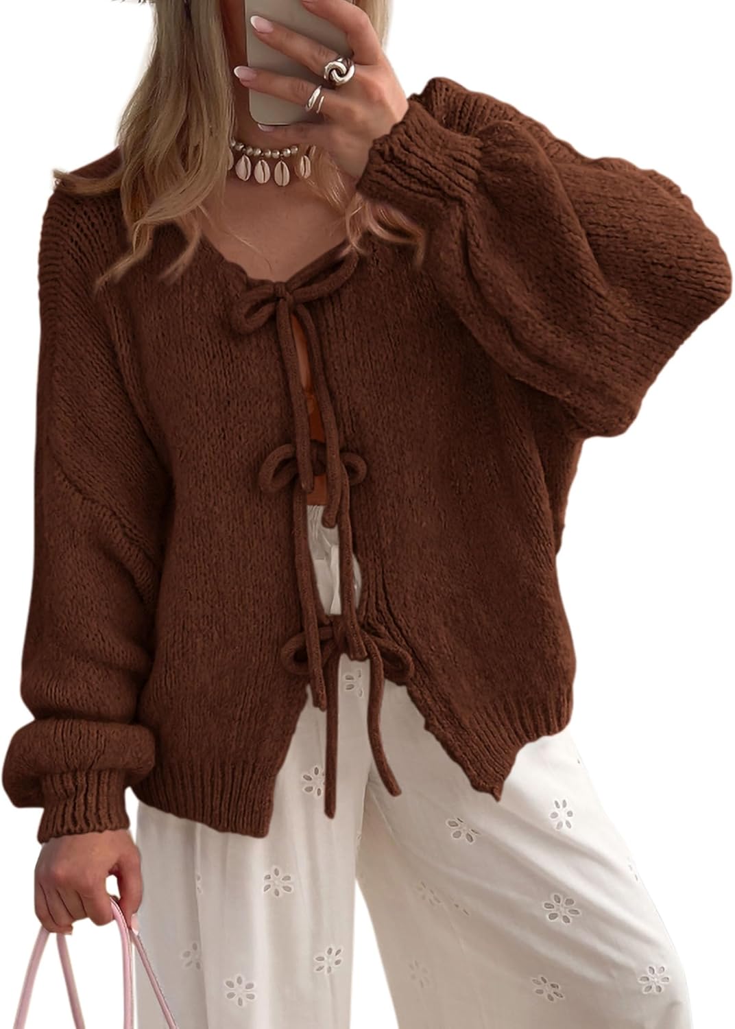 PRETTYGARDEN Women's Tie Front Bow Cardigan Sweater for Fall