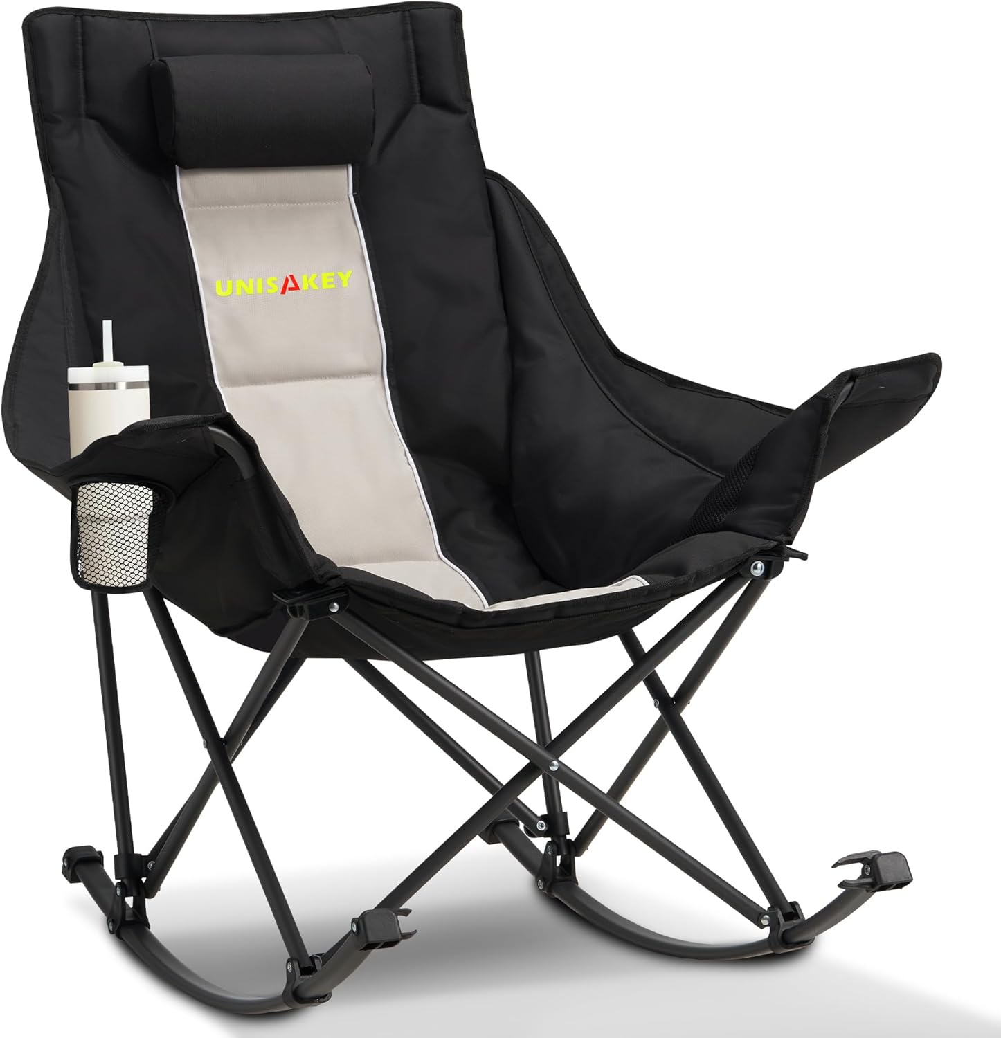 Oversized Rocking Camping Chair with Headrest & Cup Holder
